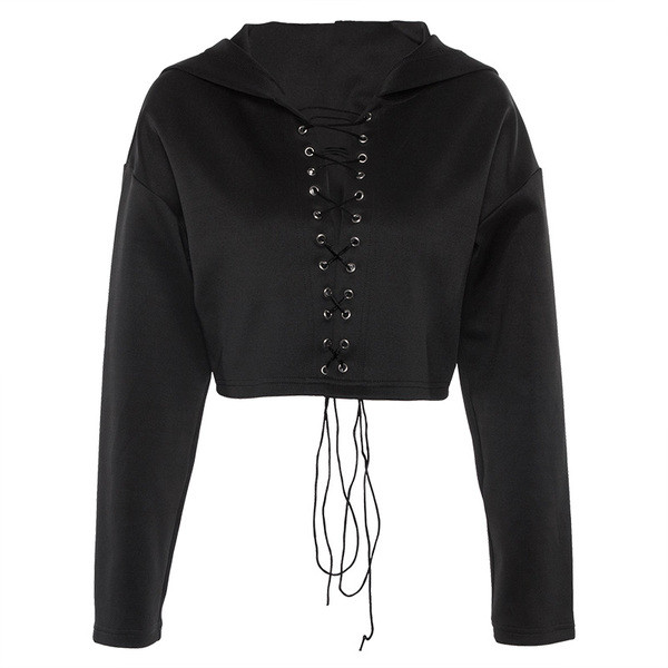 Γυναικεία μπλούζα με κουκούλα και κορδόνια σε μαύρο χρώμα