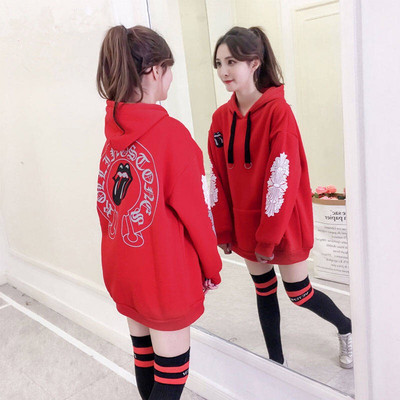 Hanorac de dama cu imprimeu in negru si rosu