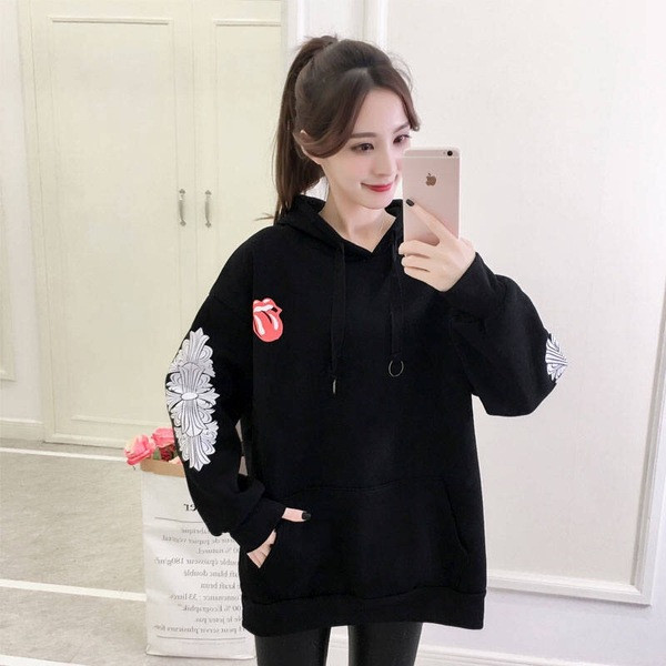 Hanorac de dama cu imprimeu in negru si rosu