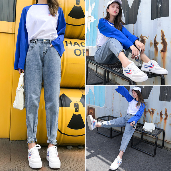 Γυναικεία τζιν με ψηλή μέση σε τρία χρώματα ευρύ μοτίβο