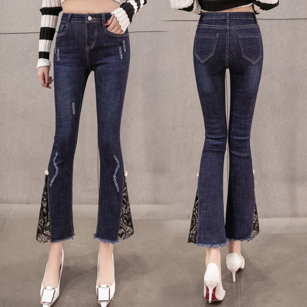 Κομψά γυναικεία τζιν με ψηλή μέση και δαντέλα