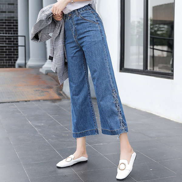 Κομψά γυναικεία τζιν σε διάφορα χρώματα με ψηλή μέση και κορδόνια