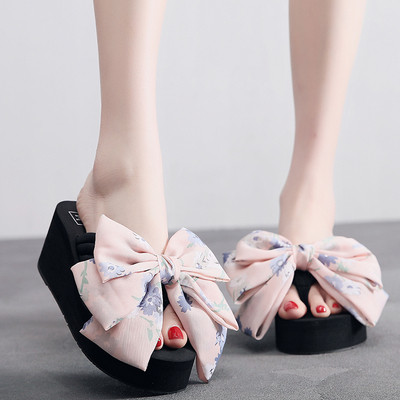 Papuci de damă cu talpă înaltă până la degete cu panglică