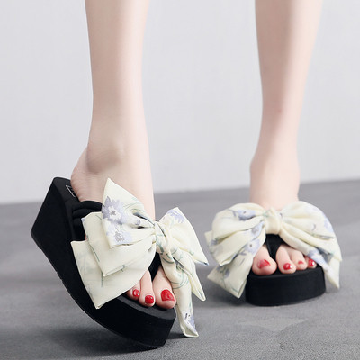 Papuci de damă cu talpă înaltă până la degete cu panglică