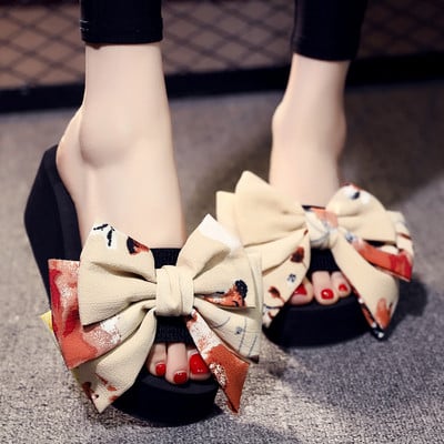 Papuci dama cu talpa inalta cu panglica