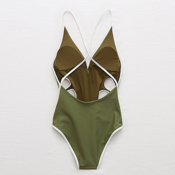 Egyedi teljes fürdőruha V-nyakkal és zöld kivágásokkal