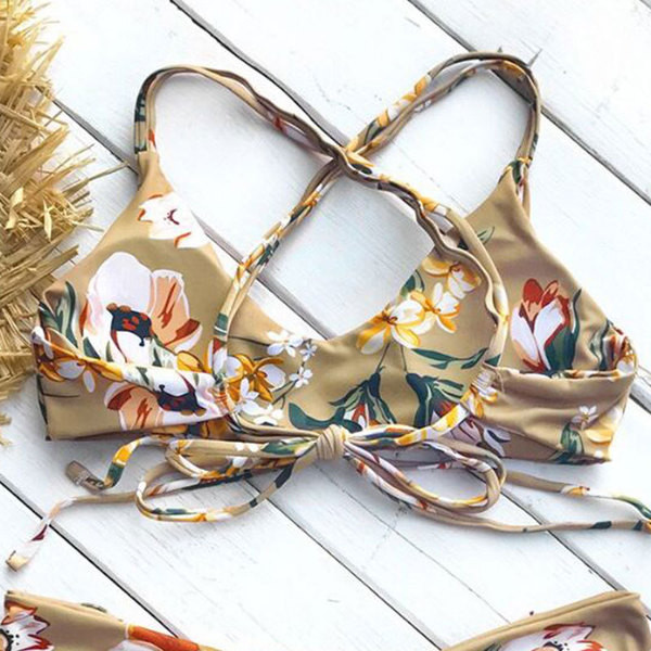 Дамски бански костюм от две части с връзки и флорален десен