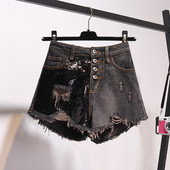НОВО Модерни дамски къси дънки с пайети в тъмен цвят 