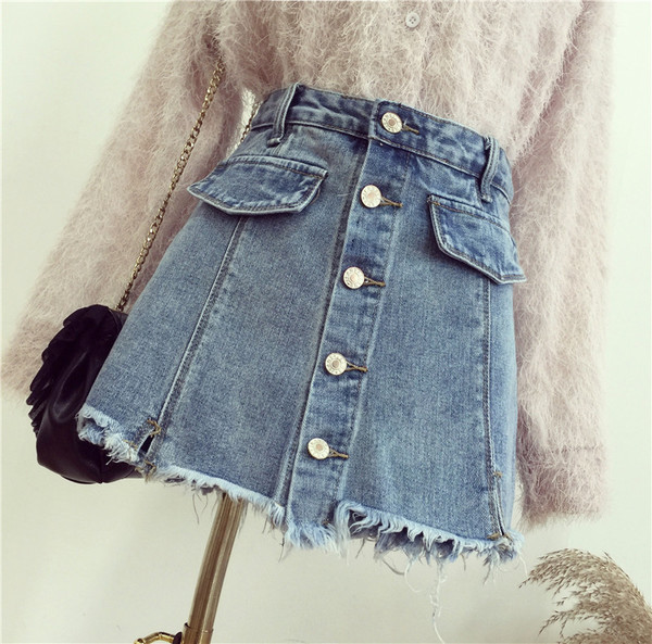 Стилна дамска дънкова пола-панталон  с висока талия и копчета в два цвята 