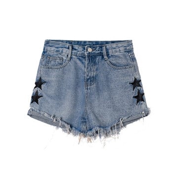 Casual γυναικεία shorts τζιν με κεντήματα σε ανοιχτό χρώμα