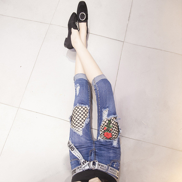 Női modern farmer 7/8 hosszúságú virágmintával és hálóval