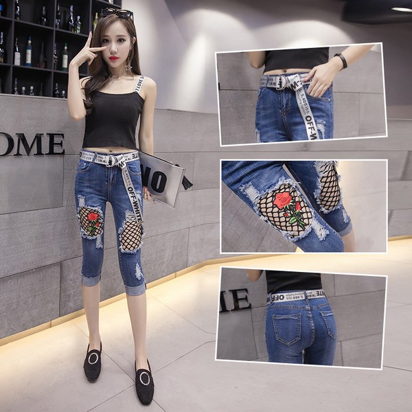 Női modern farmer 7/8 hosszúságú virágmintával és hálóval