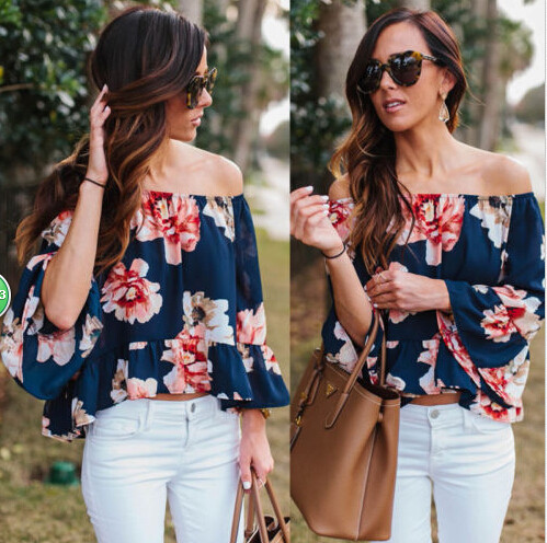 Stílusos női blúz virágos motívumokkal és lótusz ujjakkal