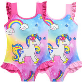 Μοντέρνο  ολόσωμο μαγιό για κορίτσια με εκτύπωση και κορδέλα σε δύο χρώματα