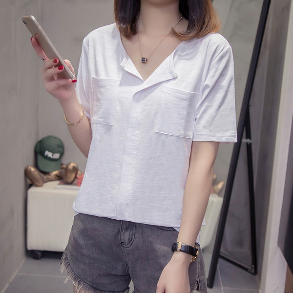 Női alkalmi blúz három színben zsebbel és V-nyakkal