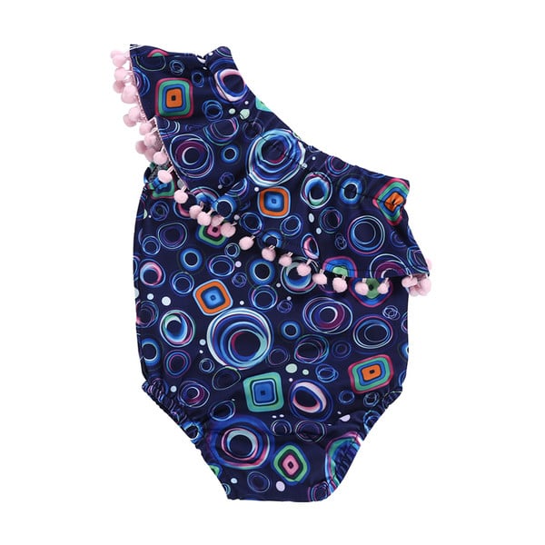 Stílusos gyermek teljes fürdőruha egy pánttal és színes mintával