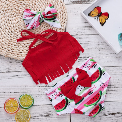 Gyermek fürdőruha lányoknak két részből, rojtokkal és mintával