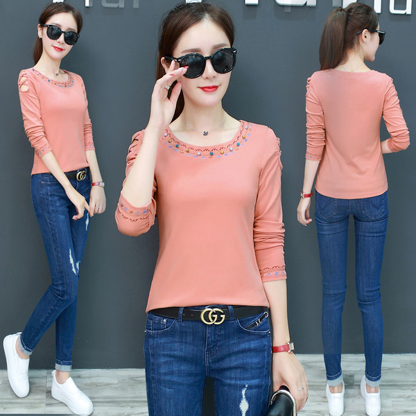 Μοντέρνα γυναικεία μακρυμάνικη μπλούζα με δικόσμιση πέρλες σε διάφορα χρώματα