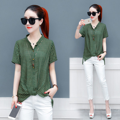 Μοντέρνο γυναικείο ασύμμετρη ριγέ πουκάμισο σε τρία χρώματα