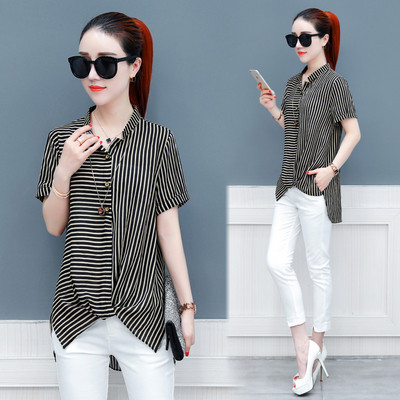 Μοντέρνο γυναικείο ασύμμετρη ριγέ πουκάμισο σε τρία χρώματα