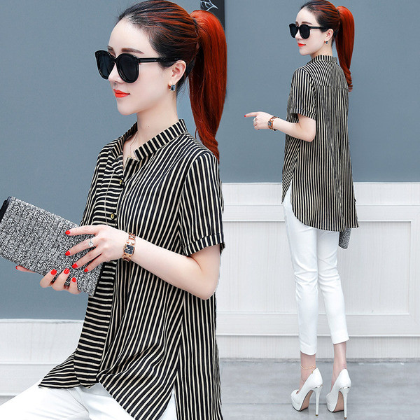 Μοντέρνο γυναικείο ασύμμετρη ριγέ πουκάμισο σε τρία χρώματα