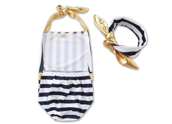 Csíkos gyerek fürdőruha csupasz háttal és szalaggal
