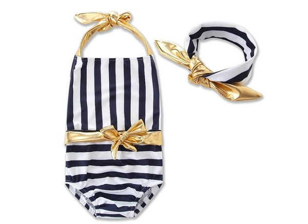 Csíkos gyerek fürdőruha csupasz háttal és szalaggal