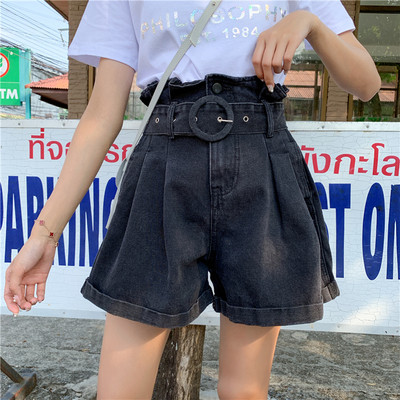 Къси дамски дънкови панталони широк модел с висока талия и колан в черен цвят