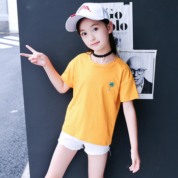 Детска тениска за момичета с щампа в бял и жълт цвят