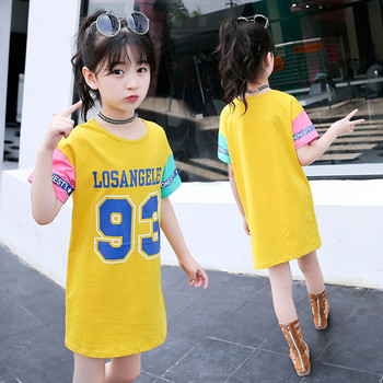 Модерна тениска за момичета дълъг модел с щампа в жълт цвят