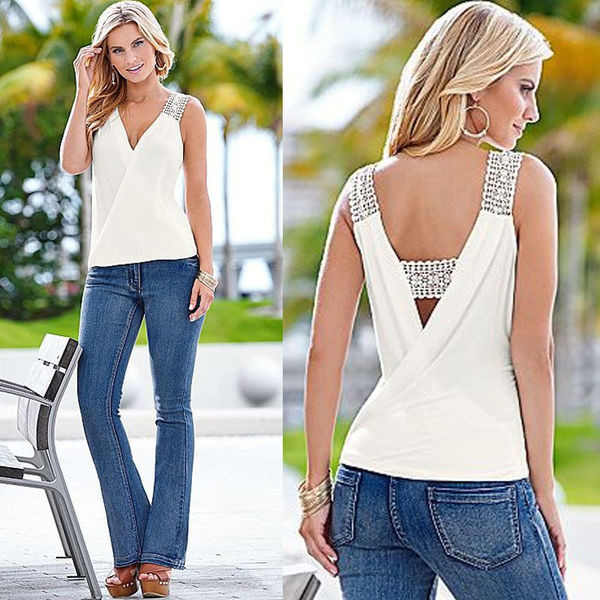 Maieu de damă cu dantelă și decolteu în V de culoare albă