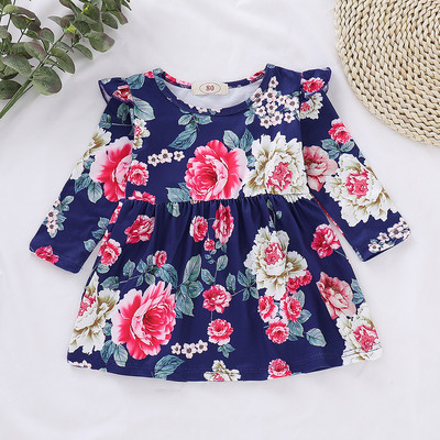 Бебешка рокля с дълъг ръкав и флорални мотиви в два цвята 
