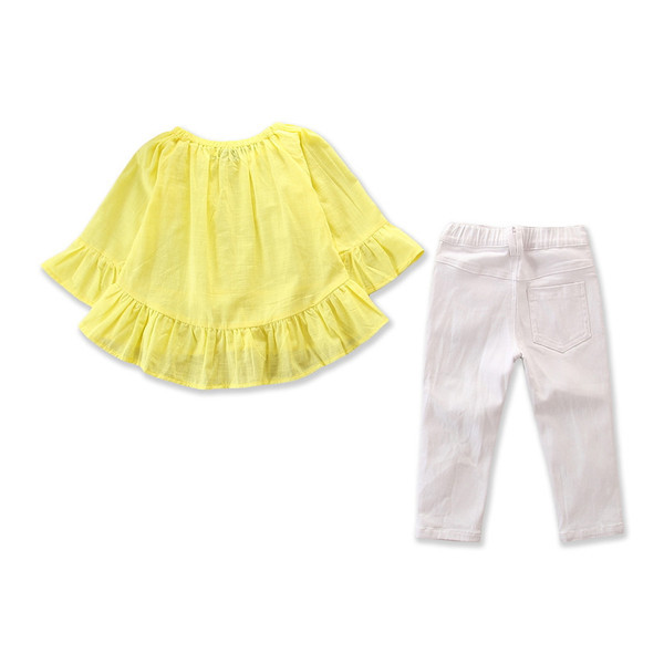 Gyerekkészlet lányoknak két részből áll - sárga blúz és szakadt motívumú nadrág