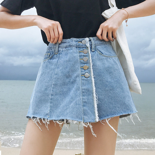 Fusta-pantaloni din denim in diferite culori cu talie inalta