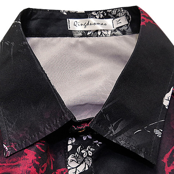 Стилна мъжка риза Slim модел с къс ръкав в черен цвят с десен