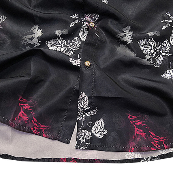 Стилна мъжка риза Slim модел с къс ръкав в черен цвят с десен