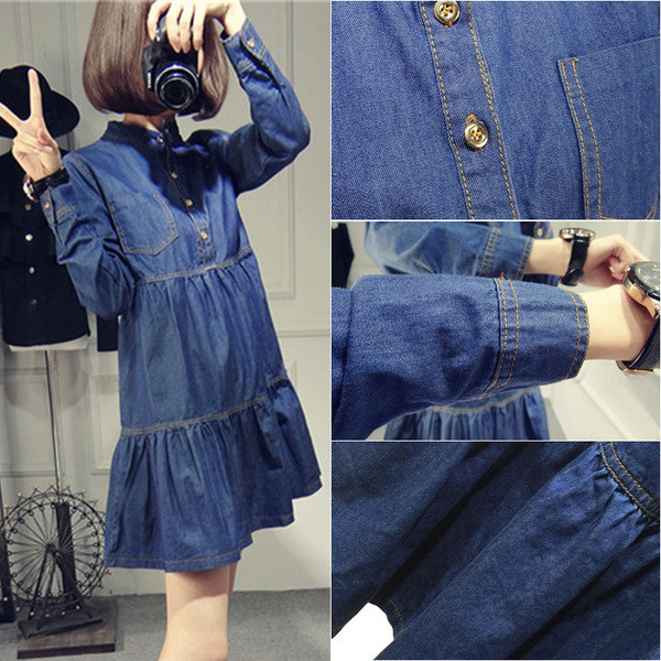 Модерна дънкова рокля за бременни жени с дълъг ръкав