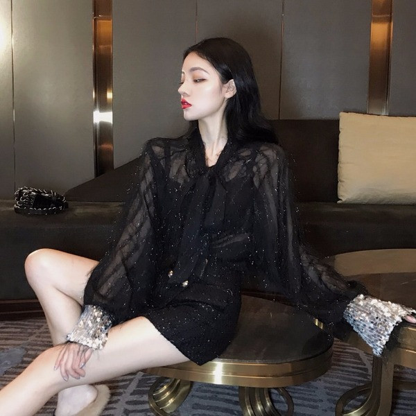 Стилна дамска риза с елемент-пайети в два цвята 