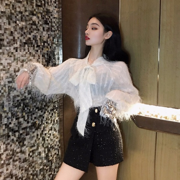 Стилна дамска риза с елемент-пайети в два цвята 