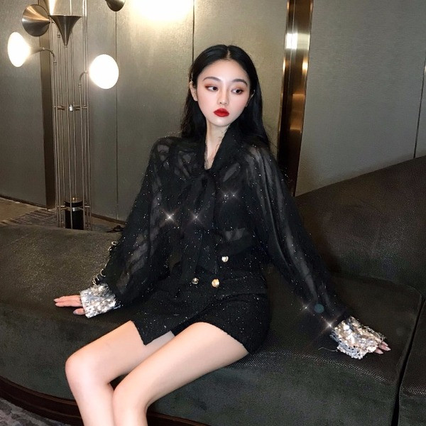 Стилна дамска риза с елемент-пайети в два цвята 