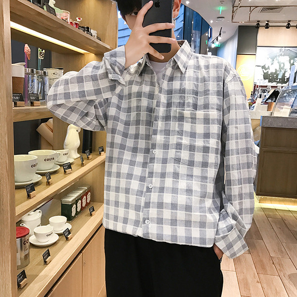 Карирана мъжка риза с джоб в син и розов цвят