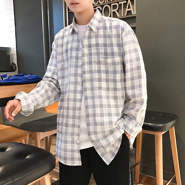 Карирана мъжка риза с джоб в син и розов цвят