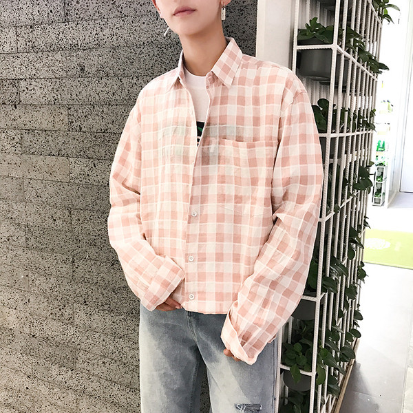 Карирана мъжка риза с джоб в син и розов цвят