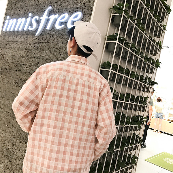 Карирана мъжка риза с джоб в син и розов цвят