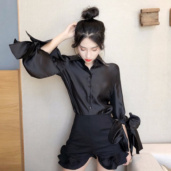 Aktuális lótusz ujjú női ing fekete színben