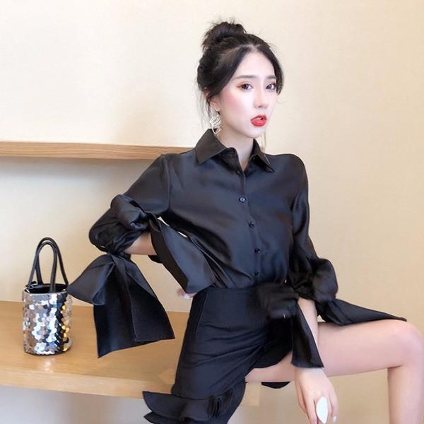 Aktuális lótusz ujjú női ing fekete színben