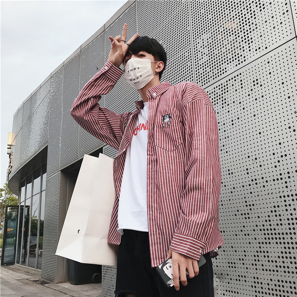 Мъжка раирана риза с бродерия в три цвята