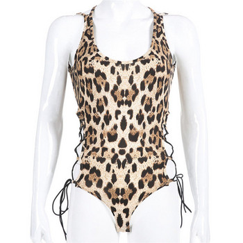 Аактуален дамски цял  бански костюм в леопардов десен и връзки 
