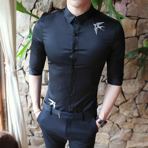 Мъжка стилна риза с бродерия и 3/4 ръкав в бял и черен цвят