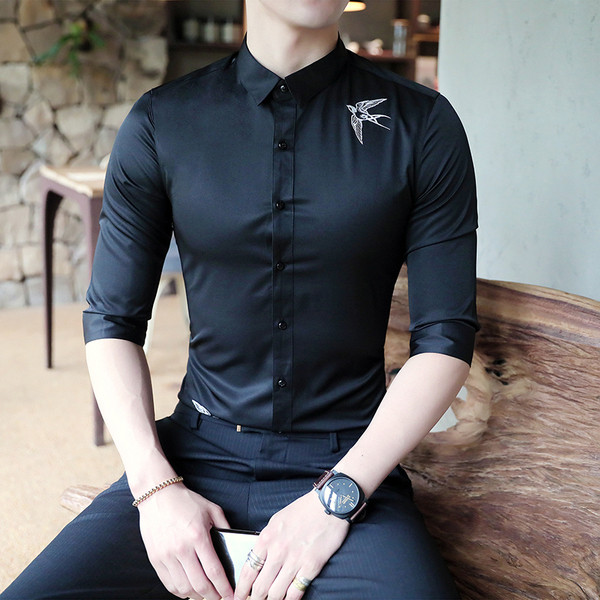 Мъжка стилна риза с бродерия и 3/4 ръкав в бял и черен цвят